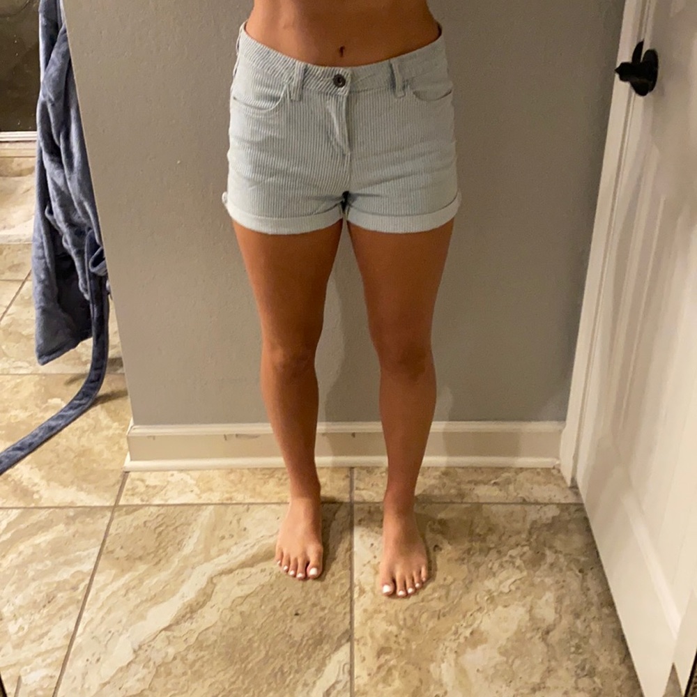 striped blue and white jean shorts